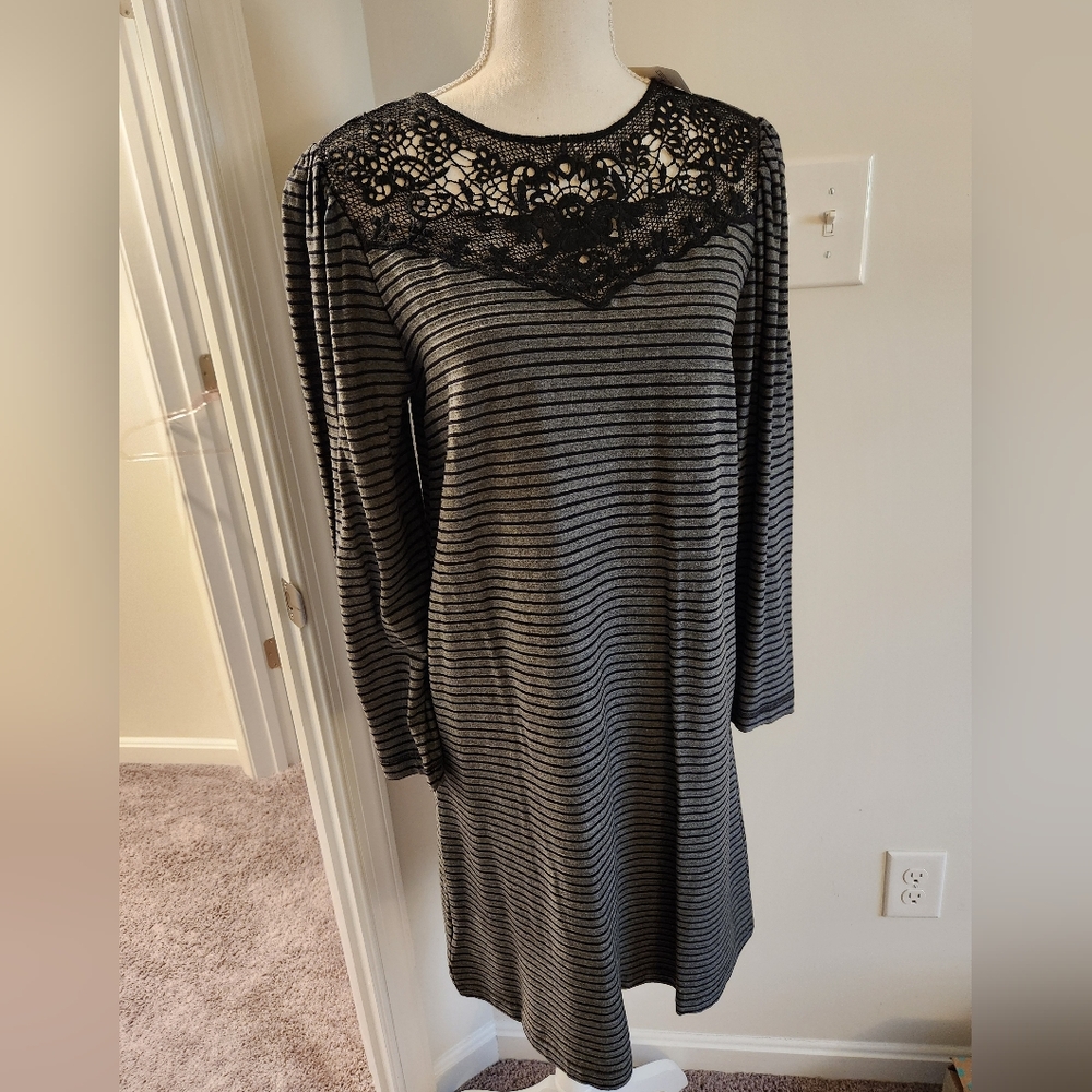 NEW WITH TAGS LOFT  Black and Gray Striped Dress with Lace Detail
